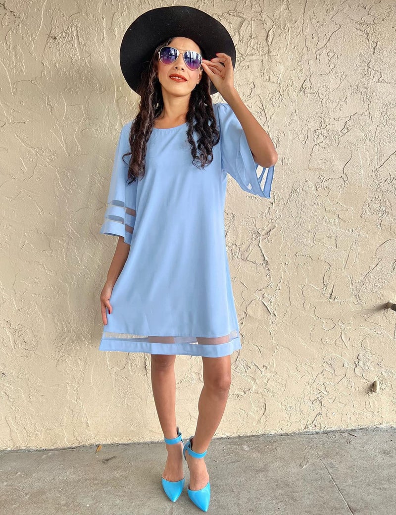LookbookStore Dresses for Women Casual Summer 3/4 Bell Sleeve Mesh Panel Loose Shift Dress Cute Solid Powder Blue Size Medium - Image 5