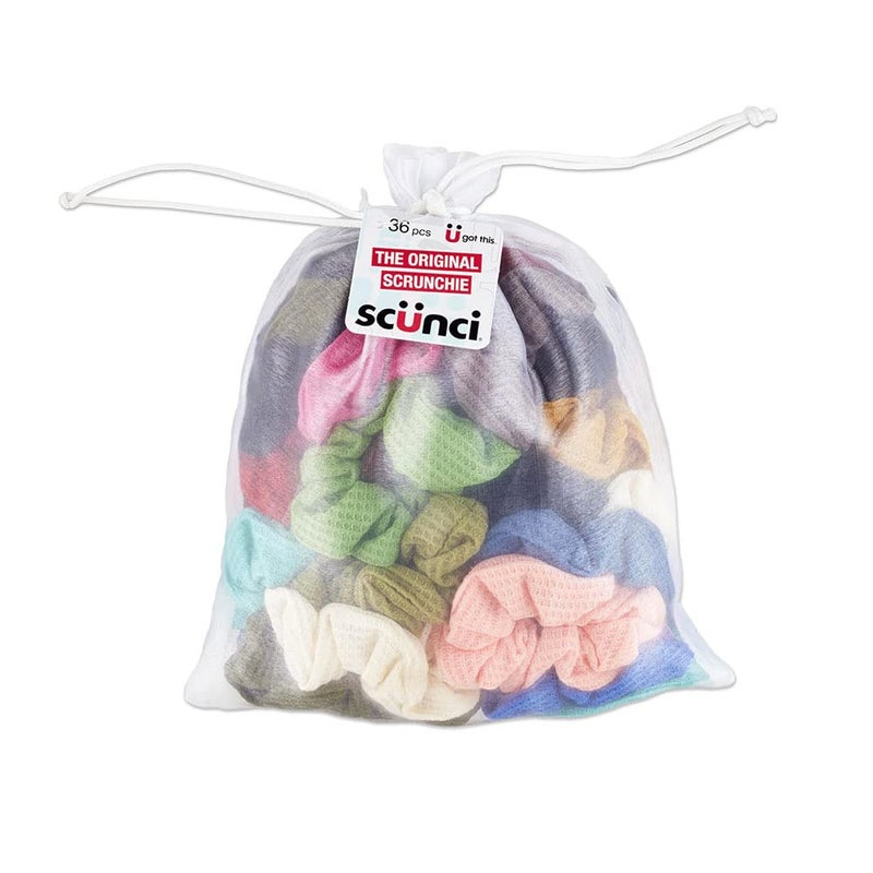 Scunci by Conair The Original Scrunchie Hair Ties, 36 Count Hair Scrunchies for Women, Super-Comfy Waffle Knit, Everyday Style Accessories for Sports and Working Out, Assorted Colors - Image 1
