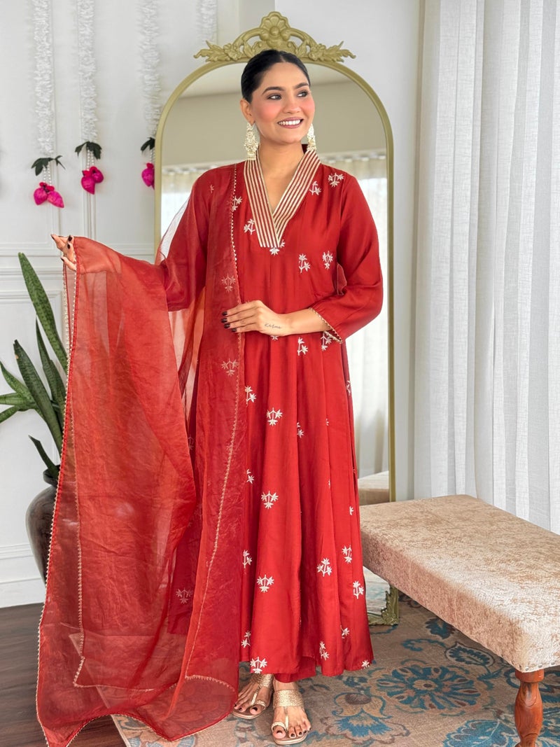 ANNI DESIGNER Women's Viscose Silk Anarkali Printed Kurta with Pant & Dupatta (NADAN Rust_M_Rust_Medium) - Image 3