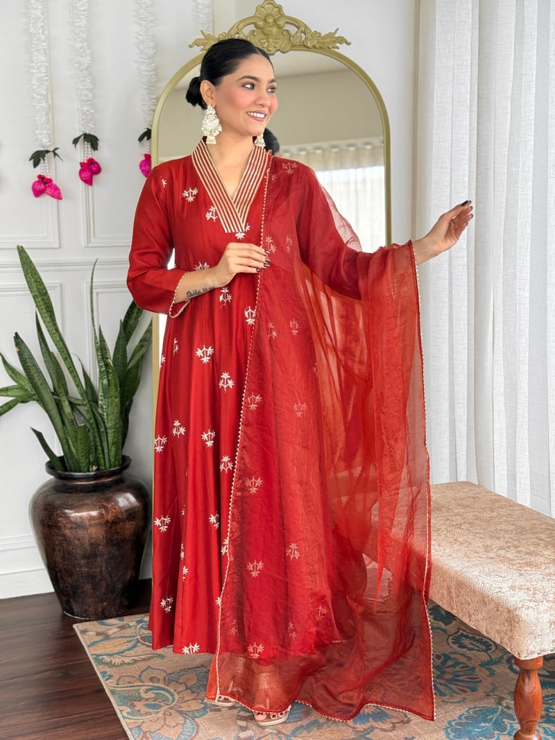 ANNI DESIGNER Women's Viscose Silk Anarkali Printed Kurta with Pant & Dupatta (NADAN Rust_M_Rust_Medium) - Image 4