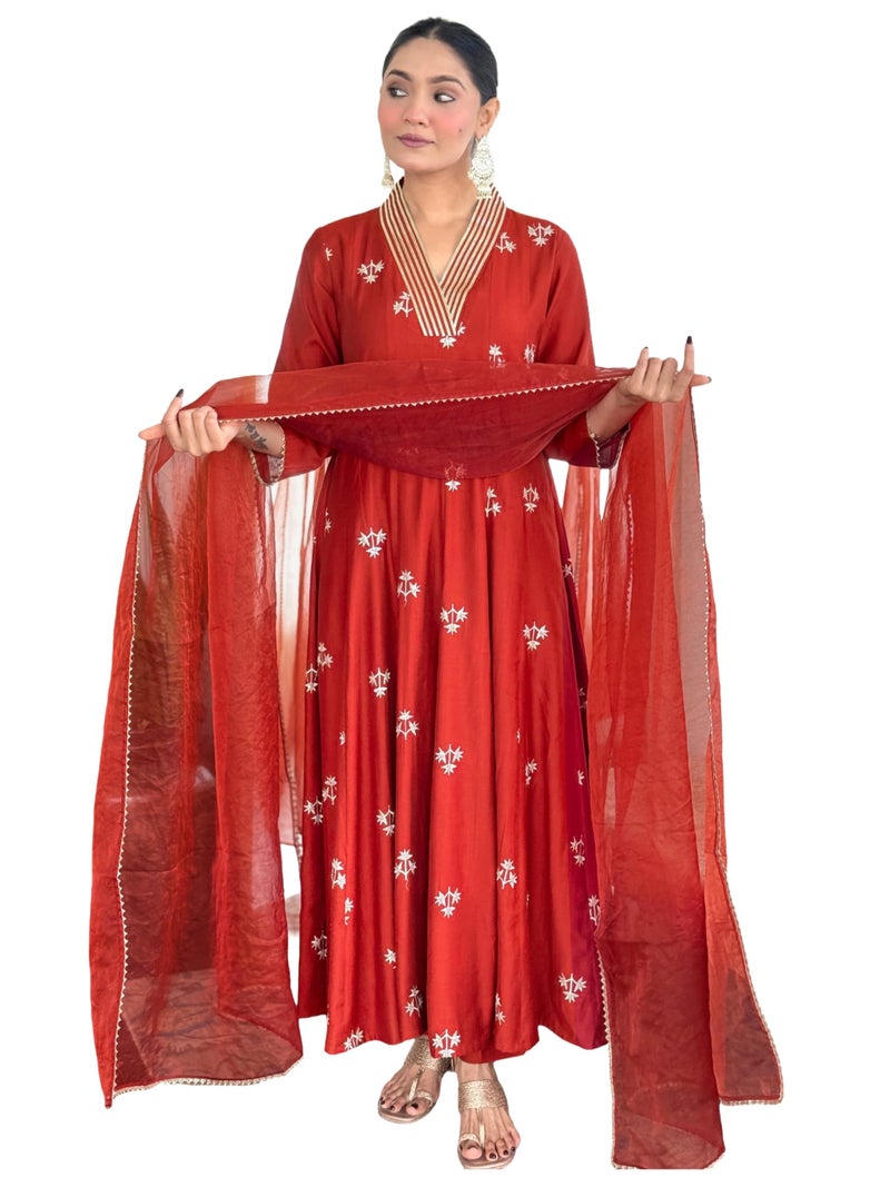 ANNI DESIGNER Women's Viscose Silk Anarkali Printed Kurta with Pant & Dupatta (NADAN Rust_M_Rust_Medium) - Image 1