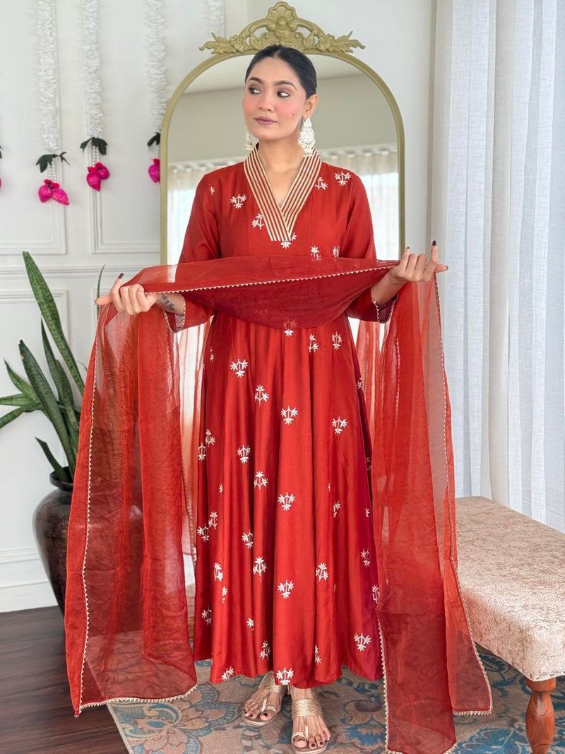 ANNI DESIGNER Women's Viscose Silk Anarkali Printed Kurta with Pant & Dupatta (NADAN Rust_M_Rust_Medium) - Image 5