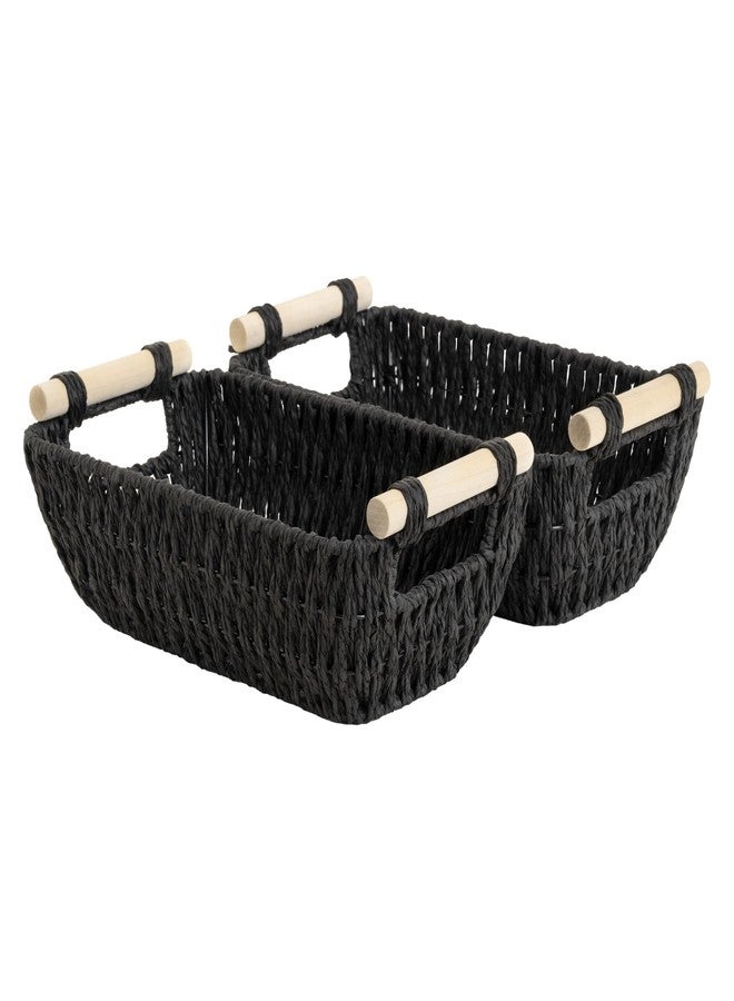 StorageWorks Black Wicker Storage Basket for Organizing with Wooden Handles, Small Woven Basket for Bathroom, Toilet Paper, 2-Pack - Image 1