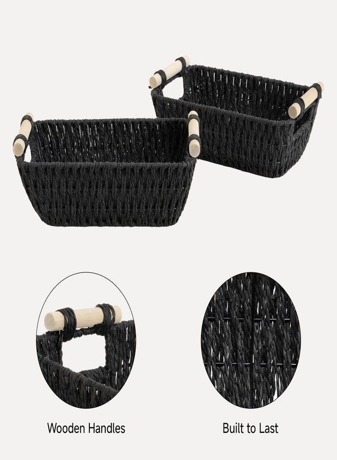 StorageWorks Black Wicker Storage Basket for Organizing with Wooden Handles, Small Woven Basket for Bathroom, Toilet Paper, 2-Pack - Image 4