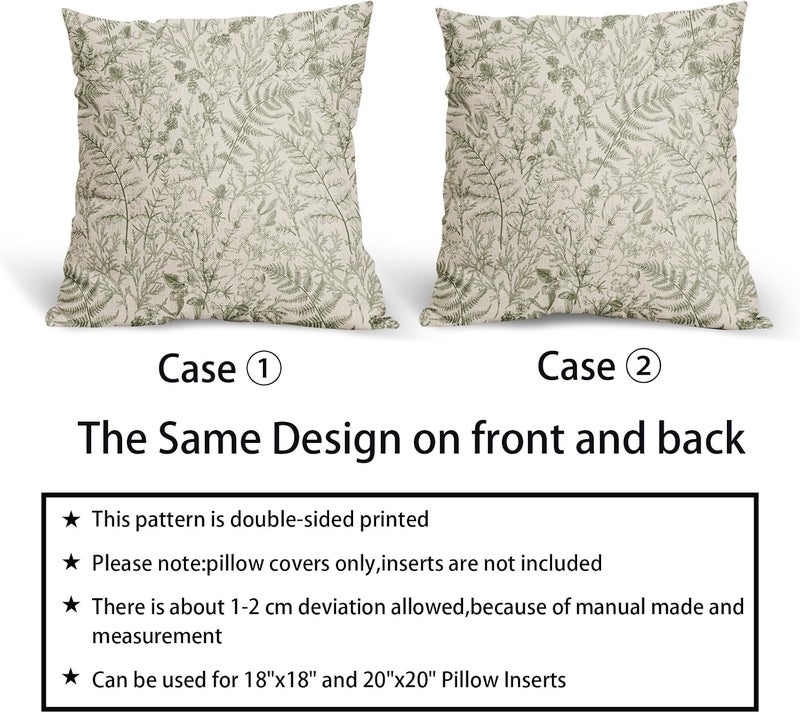 aportt Sage Green Fern Leaves Pillow Covers 18X18 Inch Plant Leaf Floral Pine Decorative Pillow Cases Vintage Botanical Spring Summer Throw Pillows Set of 2 Home Decor for Sofa Couch Porch Outdoor - Image 5