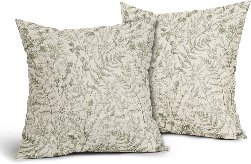 aportt Sage Green Fern Leaves Pillow Covers 18X18 Inch Plant Leaf Floral Pine Decorative Pillow Cases Vintage Botanical Spring Summer Throw Pillows Set of 2 Home Decor for Sofa Couch Porch Outdoor - Image 2