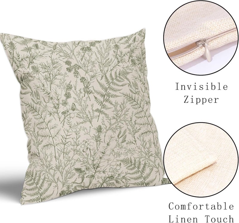 aportt Sage Green Fern Leaves Pillow Covers 18X18 Inch Plant Leaf Floral Pine Decorative Pillow Cases Vintage Botanical Spring Summer Throw Pillows Set of 2 Home Decor for Sofa Couch Porch Outdoor - Image 3