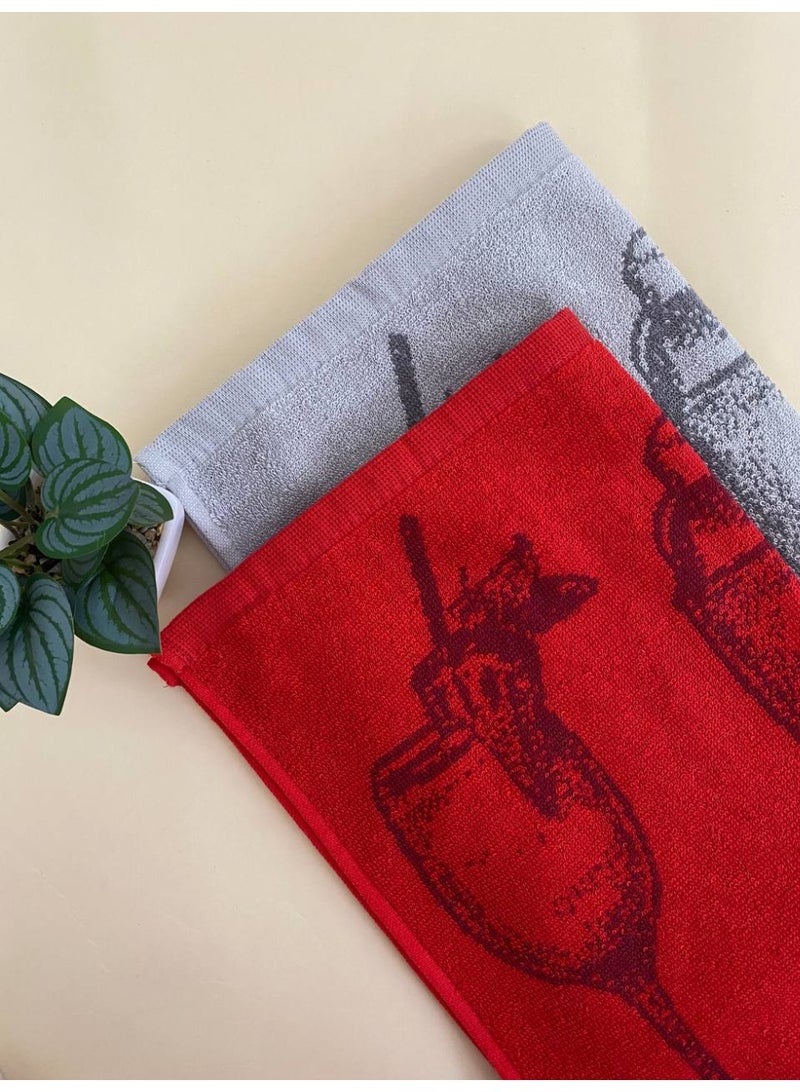 toãlla Kitchen towel set, 2 pieces ,2 colors, red grey, high absorbency, size 45*65 cm, 100% cotton, practical and easy to clean. - Image 4