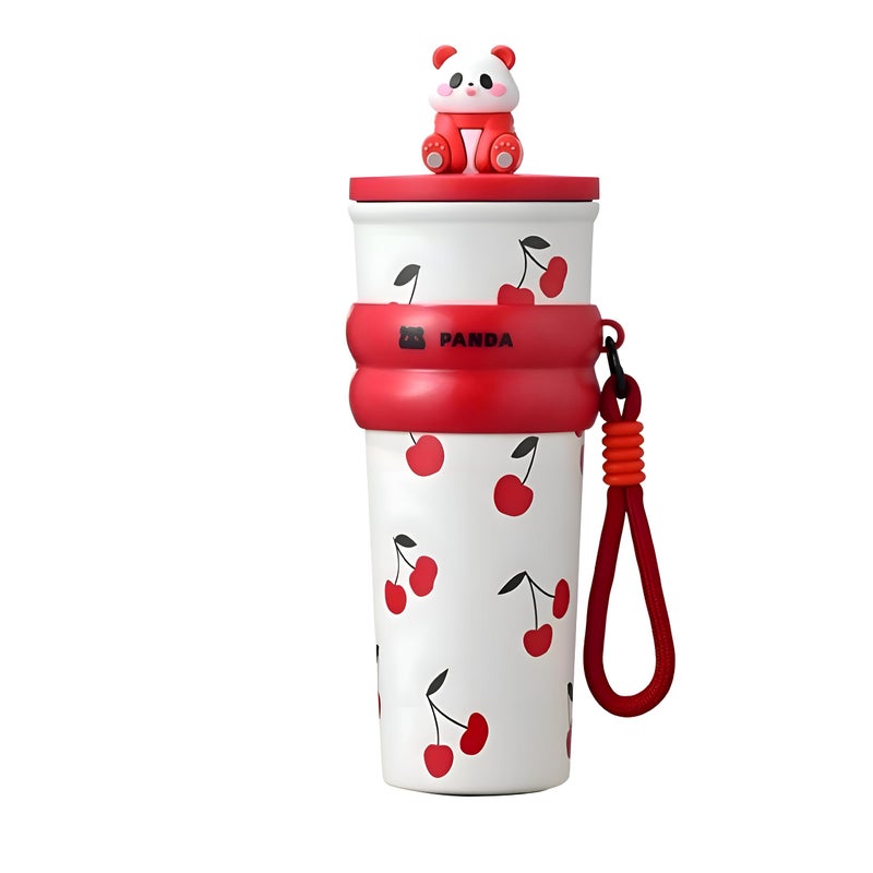 Drink Container - Reliable Thermal Performance, 700ml Capacity, Eye-Catching White and Red Cherry Artwork, Unique Panda-Shaped Lid, and a Functional Non-Slip Grip Band (red)