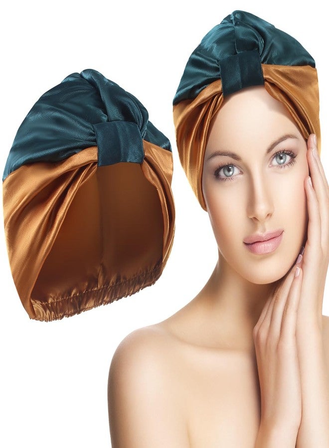 Merdia 10.6 Inches Adjustable Satin Hair Bonnet for Sleeping | Elastic Non-Slip Reusable Shower Hair Caps for Women | Double Layers Shower Cap for Women | Satin Silk Bonnet for Curly Hairs (Khaki & Green) - Image 1