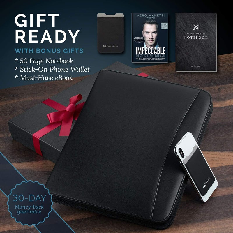 NERO MANETTI - Zippered Vegan Leather Padfolio/Portfolio Pad Holder-Business PU Leather Notepad Folder for Resumes, Interviews, iPad/Tablet, Phone, Legal Pad Notebook Executive Binder for Women, Men - Image 2