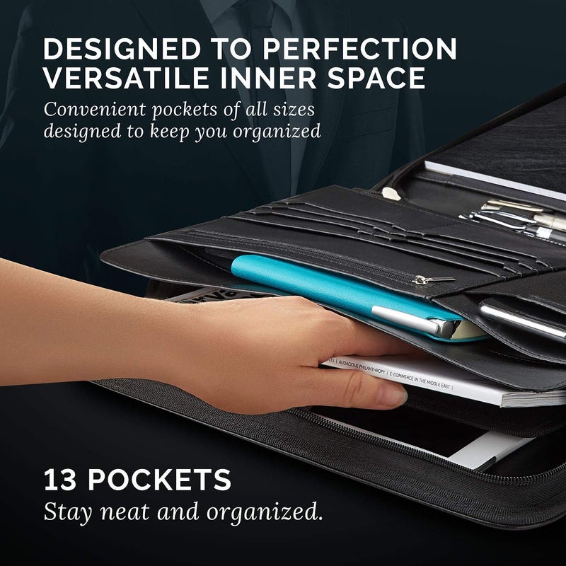 NERO MANETTI - Zippered Vegan Leather Padfolio/Portfolio Pad Holder-Business PU Leather Notepad Folder for Resumes, Interviews, iPad/Tablet, Phone, Legal Pad Notebook Executive Binder for Women, Men - Image 4