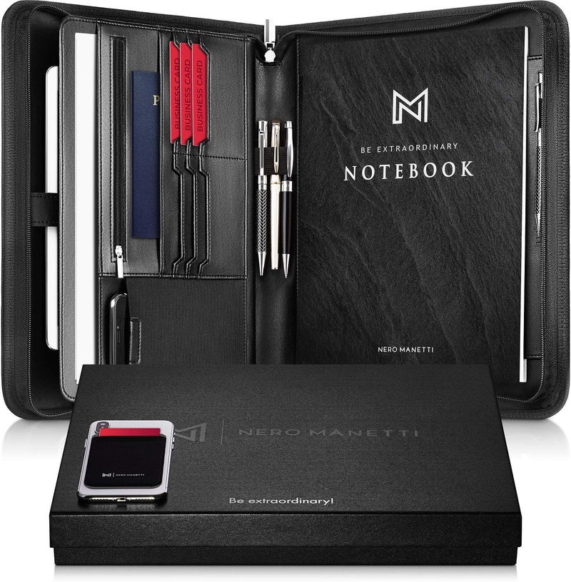NERO MANETTI - Zippered Vegan Leather Padfolio/Portfolio Pad Holder-Business PU Leather Notepad Folder for Resumes, Interviews, iPad/Tablet, Phone, Legal Pad Notebook Executive Binder for Women, Men - Image 1