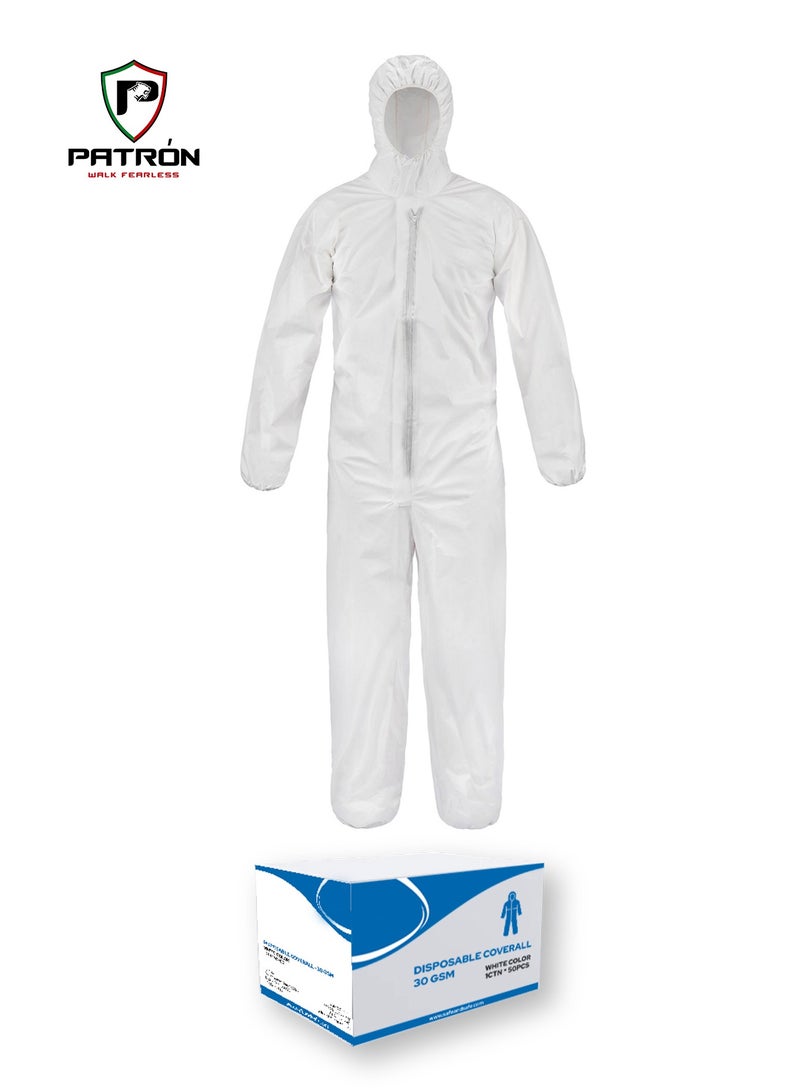 Patron Safe And Safe DC Disposable Coverall Protective Suit With Elasticated Hood White Medium Zip Closure, PACK OF 5