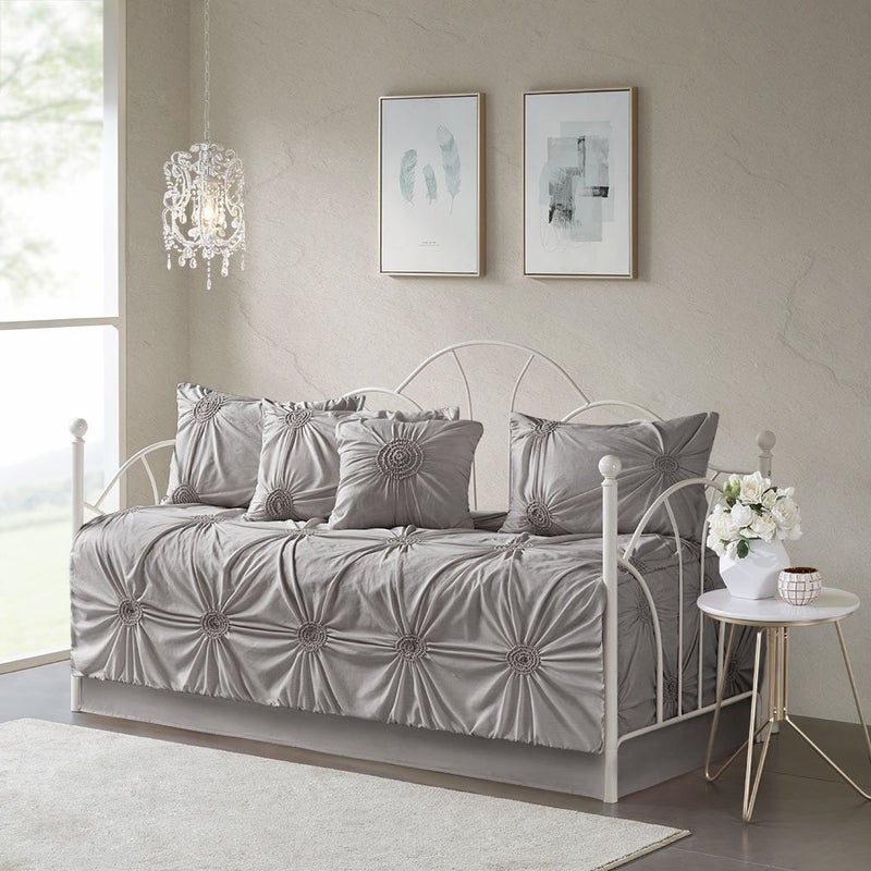 Madison Park Daybed Cover SetTrendy Design All Season Luxury Bedding with Bedskirt Matching Shams Decorative Pillow Medallion Tufted Dark Grey 75x39 6 Piece