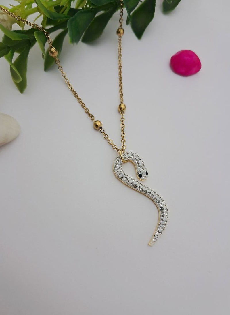 The Black Pearl Accessories White Zirconic Snake Stainless Steel Pendant Necklace - Image 2