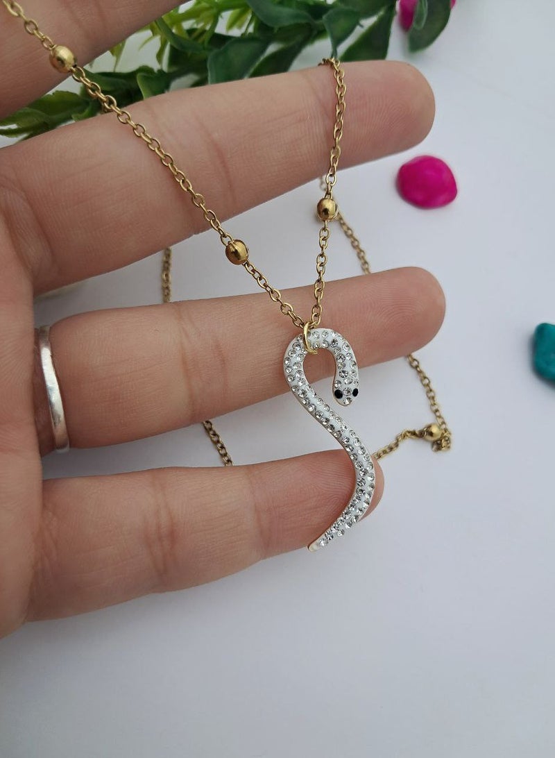 The Black Pearl Accessories White Zirconic Snake Stainless Steel Pendant Necklace - Image 3