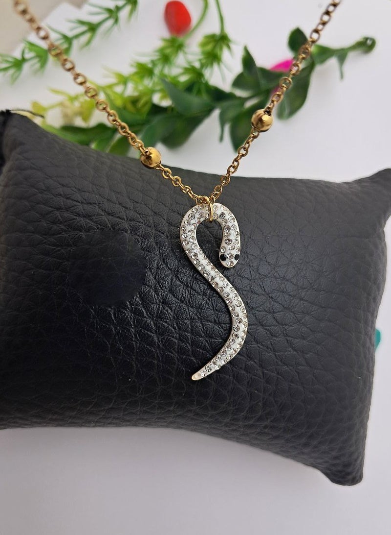 The Black Pearl Accessories White Zirconic Snake Stainless Steel Pendant Necklace - Image 1