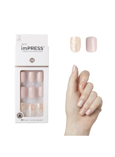 KISS imPRESS No Glue Mani Press On Nails, Design, 'Dorothy', Pink, Short Size, Squoval Shape, Includes 30 Nails, Prep Pad, Instructions Sheet, 1 Manicure Stick, 1 Mini File