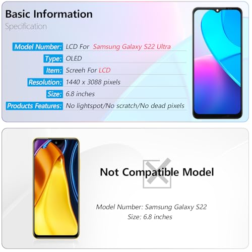 YWLRONG شاشة OLED لاستبدال شاشة سامسونج جالاكسي S22 ألترا 5G لشاشة سامسونج S22 ألترا 5G SM-S908U/S908U1 مع أدوات (أسود، يدعم بصمة الإصبع) - Image 3