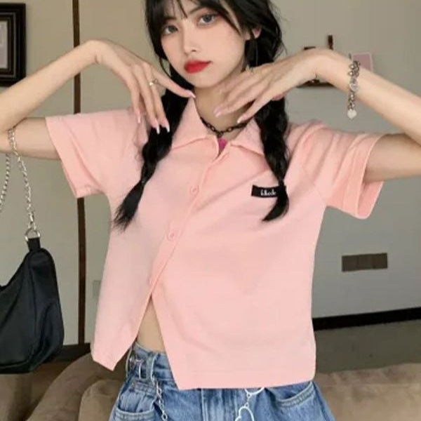 Slim-Fit Polo Cardigan Collared Tee 2024 Pink  - Image 2