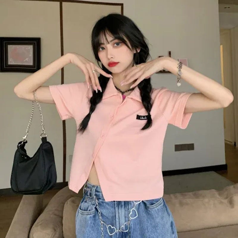 Slim-Fit Polo Cardigan Collared Tee 2024 Pink  - Image 1