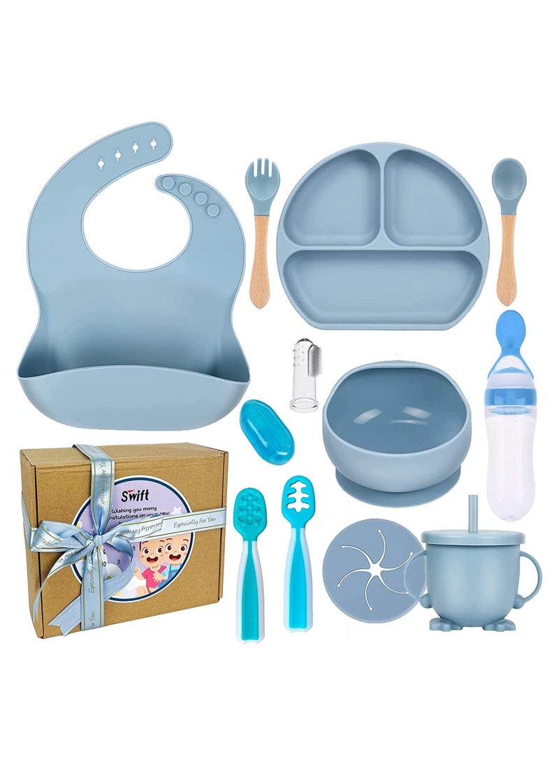 Swift Baby Feeding Set 11-Piece, Baby Led Weaning Utensils Set Includes Suction Bowl and Plate, Baby Spoon and Fork, Sippy Cup with Straw and Lid, Spoon Set Stage 1 and Stage 2, Food Feeder, Gift Packaging 
