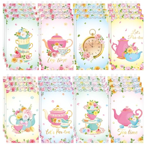 Faccito 24 Pcs Mini Tea Notebook Floral Tea Mini Notepad Party Favors Teapot Party Small Spiral Pocket Notebooks Floral Teapot Time Notepad Memo Spiral Notebooks for Birthday Classroom Reward Supplies - Image 1