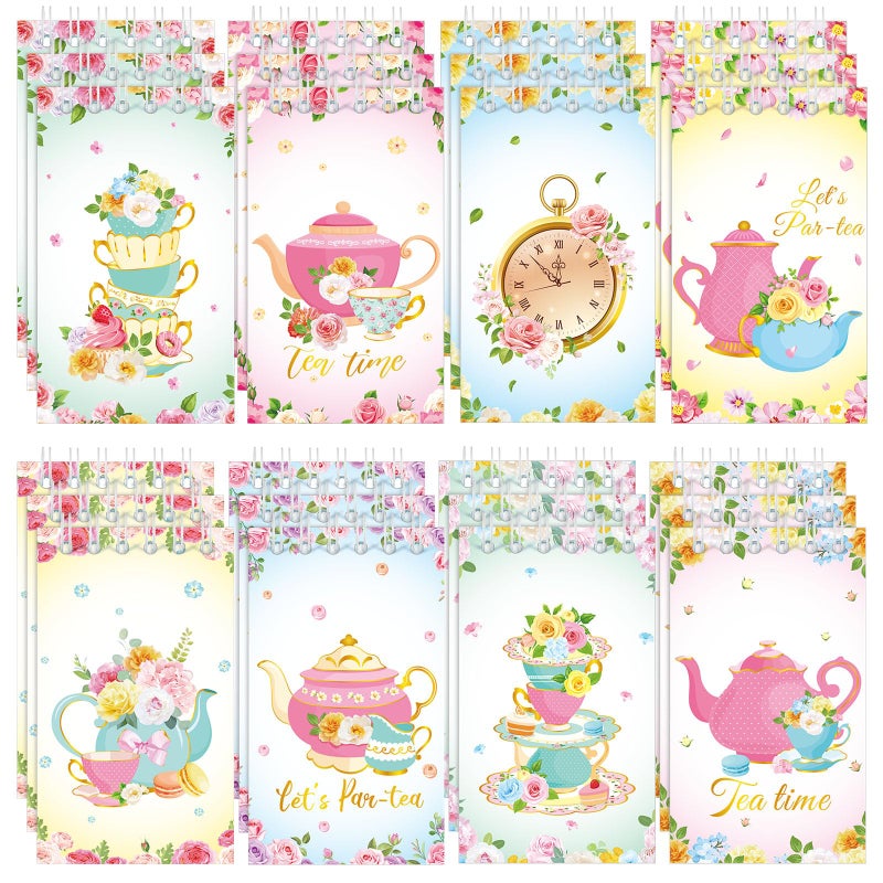 Faccito 24 Pcs Mini Tea Notebook Floral Tea Mini Notepad Party Favors Teapot Party Small Spiral Pocket Notebooks Floral Teapot Time Notepad Memo Spiral Notebooks for Birthday Classroom Reward Supplies - Image 3