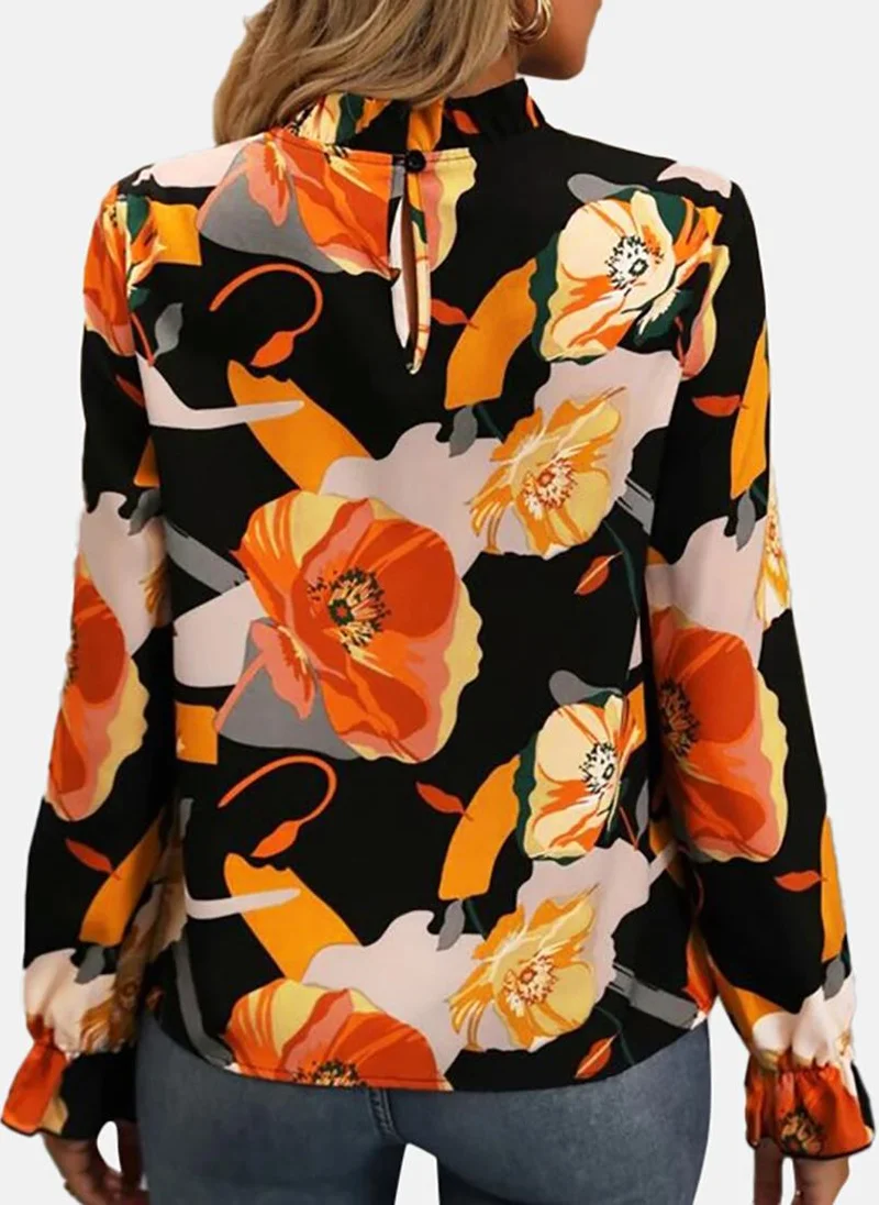 YUNIQEE Black Floral Long Sleeve Halter Neck Tunics