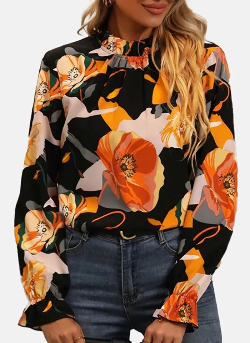 YUNIQEE Black Floral Long Sleeve Halter Neck Tunics