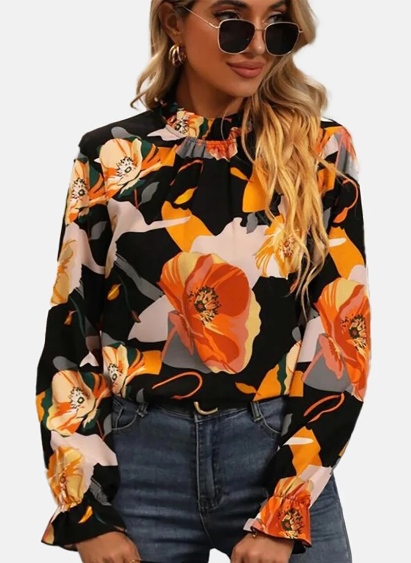 YUNIQEE Black Floral Long Sleeve Halter Neck Tunics