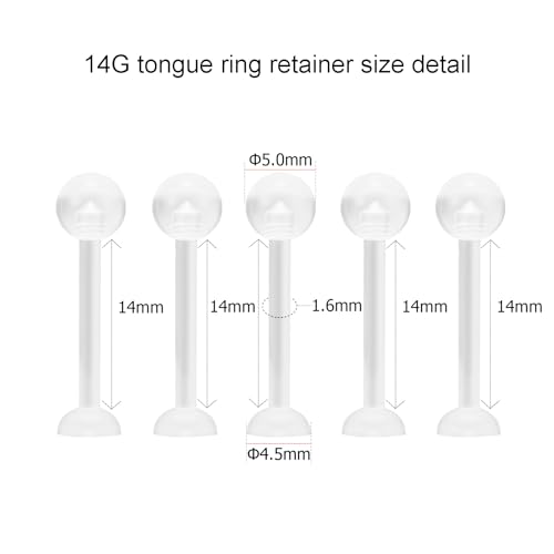 NewkeepsR 5pcs-14G(1.6mm) Thickness, 14mm(9/16'') Length, Bioplast Flexible Clear Tongue Ring Retainer, Unnoticeable Flat Labret Spacers - Image 2