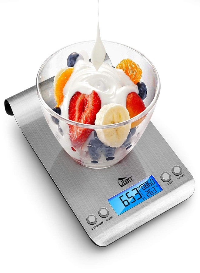 ميزان مطبخ رقمي من Uten للخبز والطبخ، ميزان طعام فائق النحافة بوزن 11 رطلاً، يقيس بالجرام والأونصة - بتصميم خطاف، وشاشة LCD، ومؤقت - Image 1