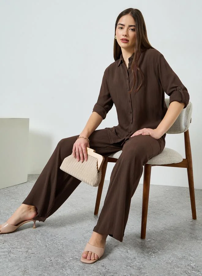 Styli Women Crinkled Oversized Shirt and Pants Co-Ords