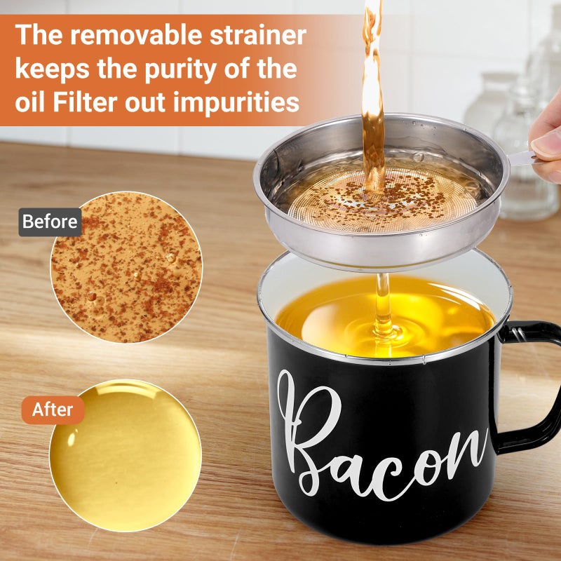 Fondpen Bacon Grease Container with Strainer - with Food-Grade Silicone Spatula, 46oz Large Enamel Rustic Farmhouse Fat Container, Keeper, Recipes, Dishwasher Safe - Image 3