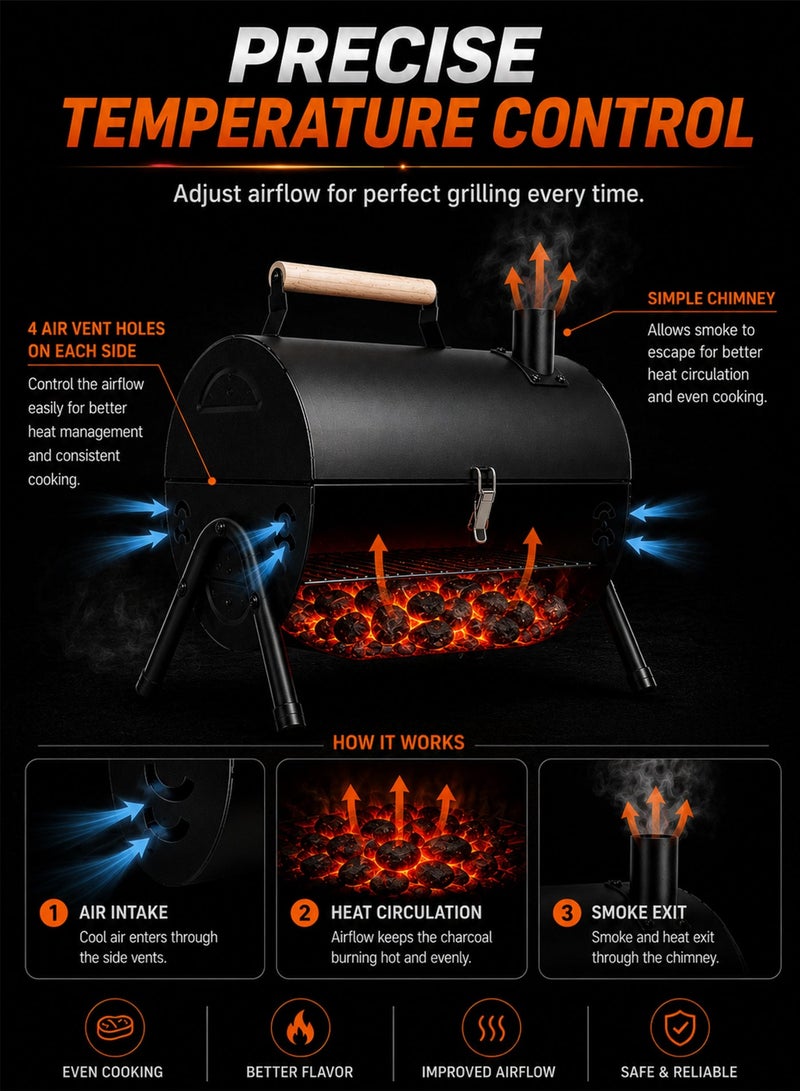 Toshionics 2-in-1 Portable Charcoal BBQ Grill with Lid & Chimney, Foldable Tabletop Barbecue Grill, Stainless Steel Grill Grates, Mini Charcoal Smoker for Camping, Picnic, Garden, Patio & Backyard Outdoor Cooking - Image 5