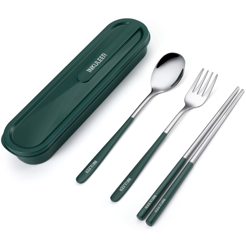 Travel cutlery set 188 stainless steel cutlery Reusable utensils set with case Portable Silverware Lunch Box for Camping and OfficeGreen