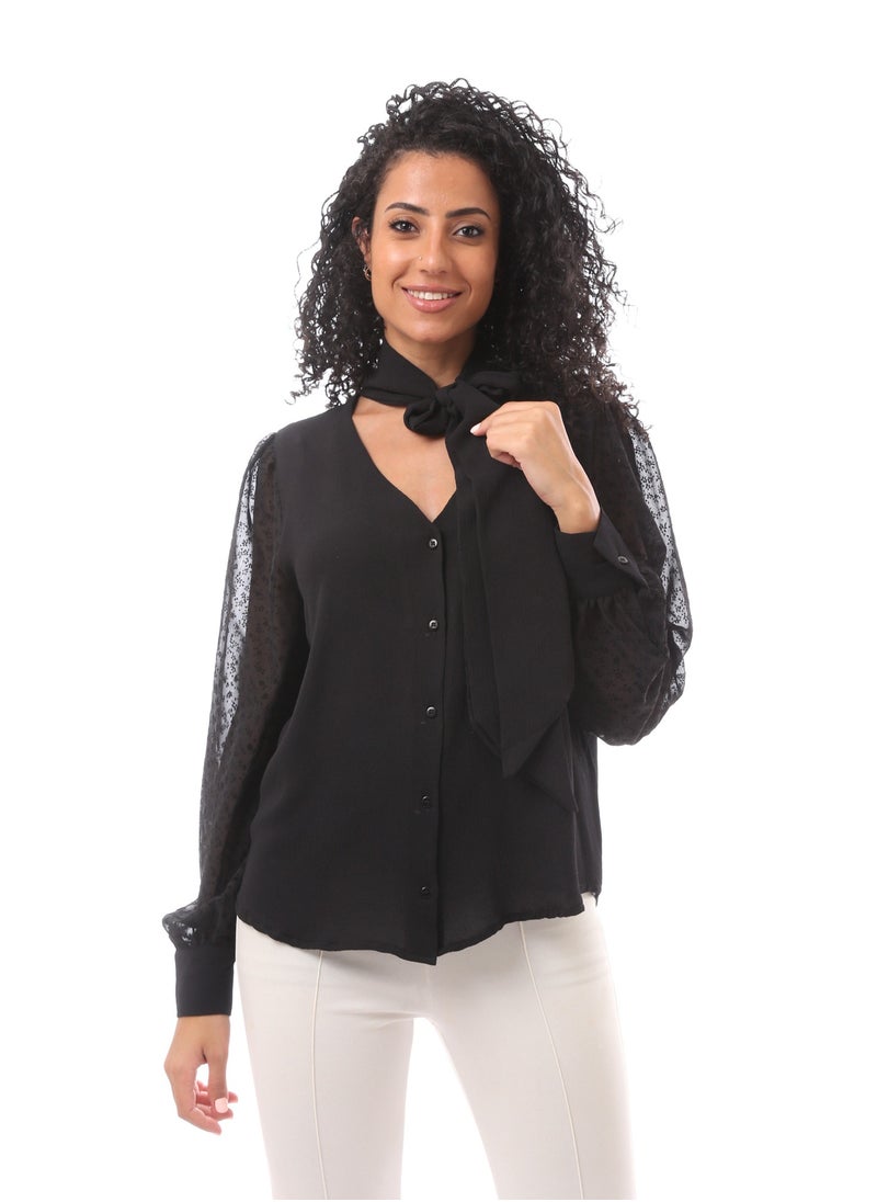 MERCH V Neck Blouse With Tie And Sheer Sleeves  - Image 1