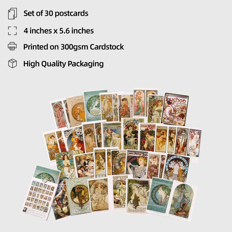 EDENMS Alphonse Mucha Art Postcards, Famous Painting Artwork Post Cards Bulk Pack(30 Pack), Aesthetic Art Picture Collage Kit for Wall, Postcards Poster for School Students Teacher Thank You Note Cards - Image 4