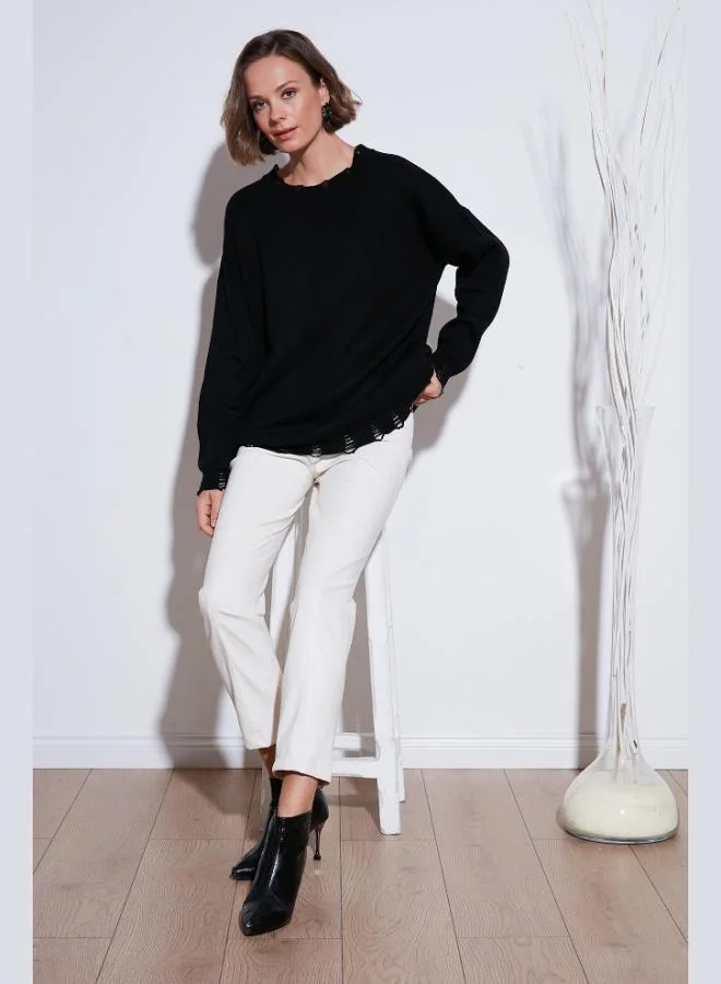 ليلا كنزة ليلى بياقة دائرية ممزقة للنساء