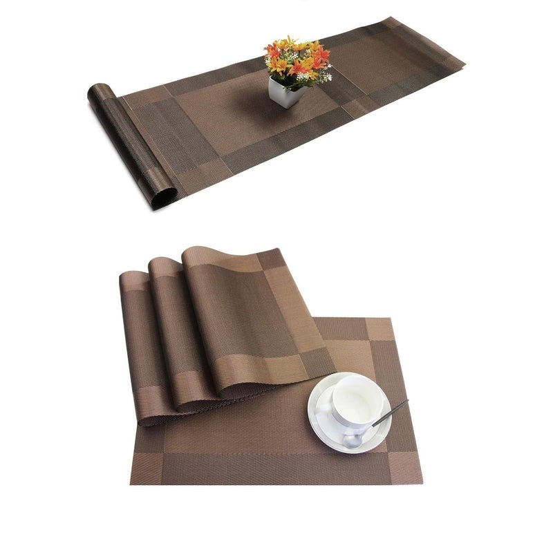Bhaguji Bhaguji PVC Dining Table Placemat Set of 4 with 1 Table RunnerSize Placemat 45X30 Each Table Runner 30X180cm Beauty Brown - Image 2