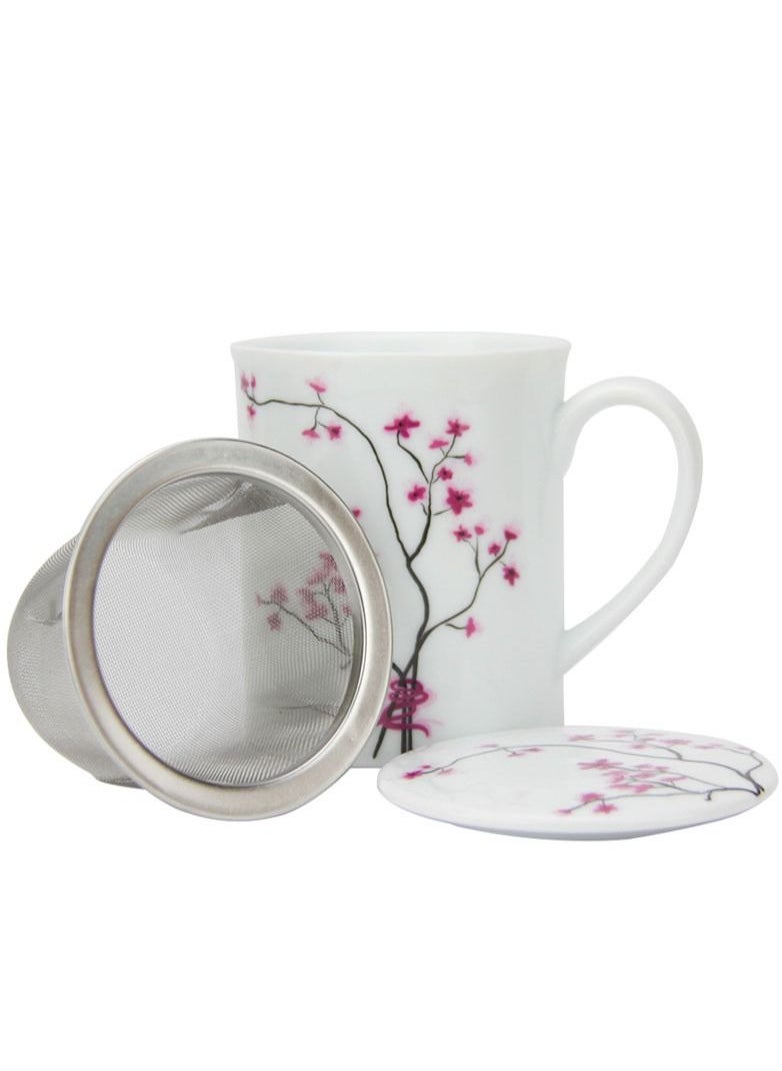 Tealand - Microwave Safe Fine Porcelain  Oriental Cherry Mug with Lid And infuser for Loose Leaf Tea (0.2L)  3pc - Image 1
