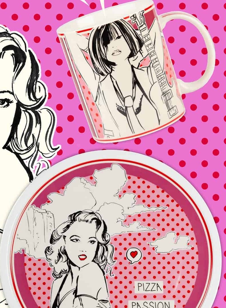 Baci milano Mug 8x10 cm – Porcelain – “Pizza Paparazzi” Pink Pop Art Design – Artistic Comic Mug for Coffee, Tea or Gift  - Image 2
