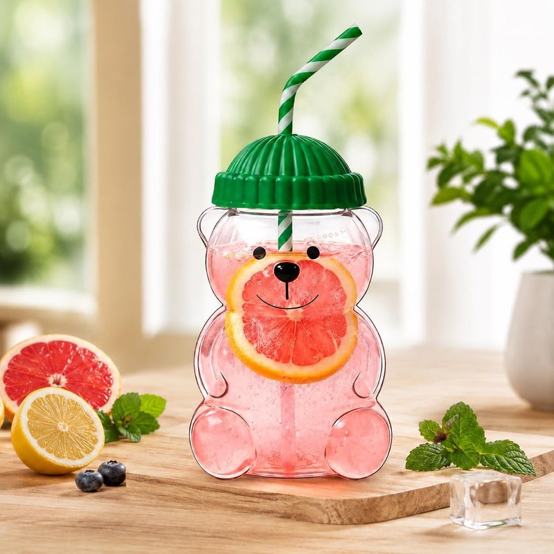 Generic Teddy Bear Glass Tumbler with Straw and Lid, Cute Reusable Glass Drinking Cup for Iced Coffee, Milk, Tea, Juice and Beverages, Decorative Bear Mug for Kitchen, Coffee Bar, Birthday and Christmas Gift - Image 1