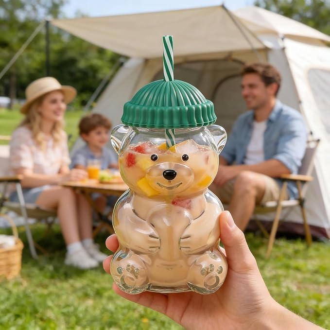 Generic Teddy Bear Glass Tumbler with Straw and Lid, Cute Reusable Glass Drinking Cup for Iced Coffee, Milk, Tea, Juice and Beverages, Decorative Bear Mug for Kitchen, Coffee Bar, Birthday and Christmas Gift - Image 3