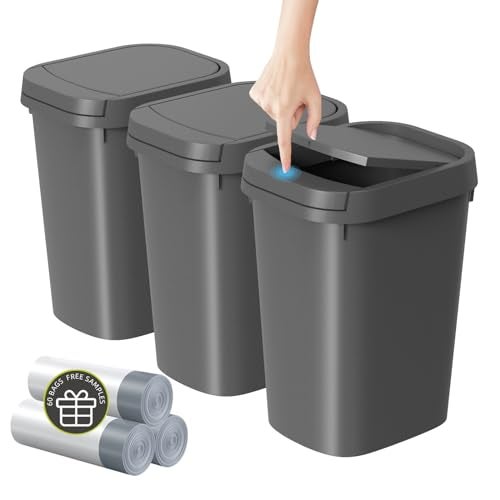 KSSKSS 3 Pack Bathroom Small Trash Can with Lid 26 Gallon Slim Garbage Bin with PopUp Lid 10L Plastic Wastebasket for Bedroom Office Kitchen Toilet Gray - Image 1