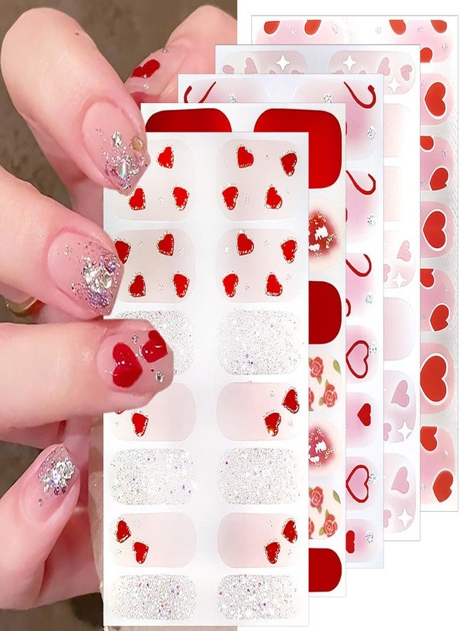 KRTBKR 5 Sheets Valentines Day Gel Nail Stickers for Nail Art Pink Red Heart Gel Nail Polish Strips Romantic Love Glitter Design Cute Holiday Stickers Full Wrap Gel Nail Strips Stickers for Acrylic Nails - Image 1