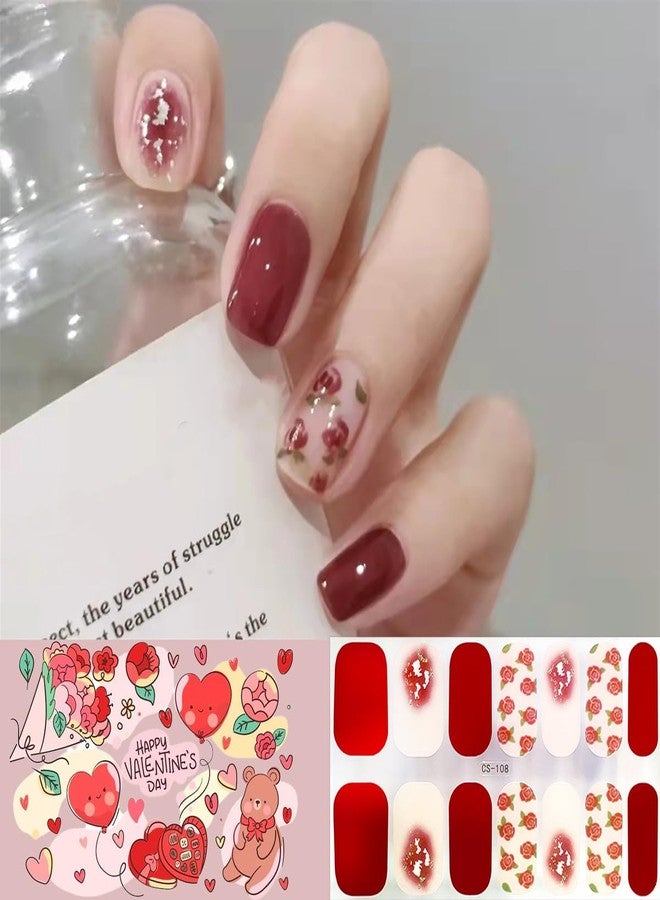 KRTBKR 5 Sheets Valentines Day Gel Nail Stickers for Nail Art Pink Red Heart Gel Nail Polish Strips Romantic Love Glitter Design Cute Holiday Stickers Full Wrap Gel Nail Strips Stickers for Acrylic Nails - Image 3