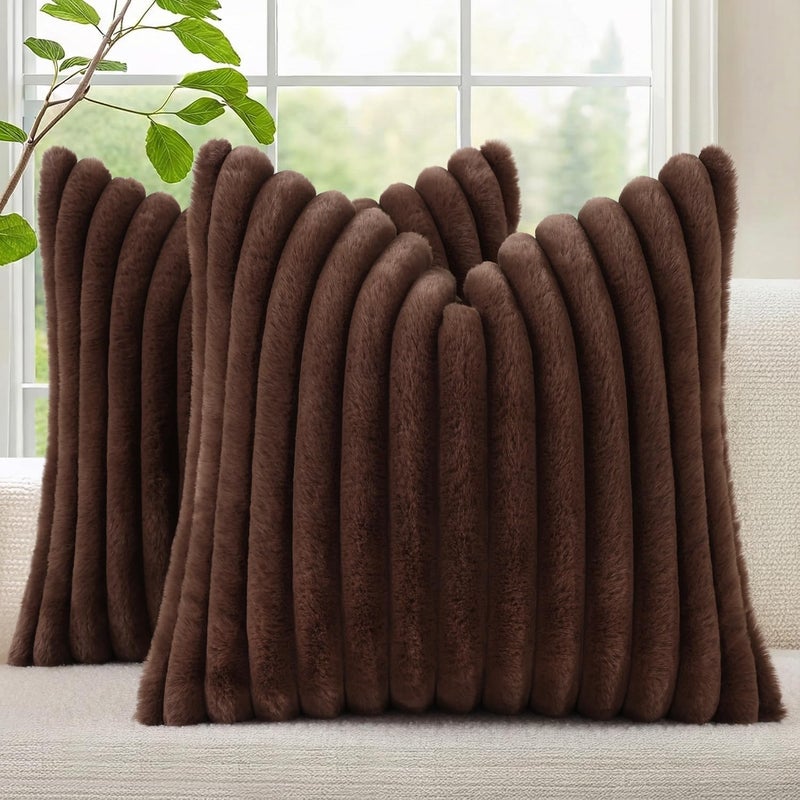 decorUhome Cozy Faux Fur Throw Pillow Covers 12x20 Set of 2 Decorative Soft Plush Striped Lumbar Modern Farmhouse Boho Couch Pillow Cases with Velvet Back for Sofa Bed Living Room, Dark Brown - Image 1